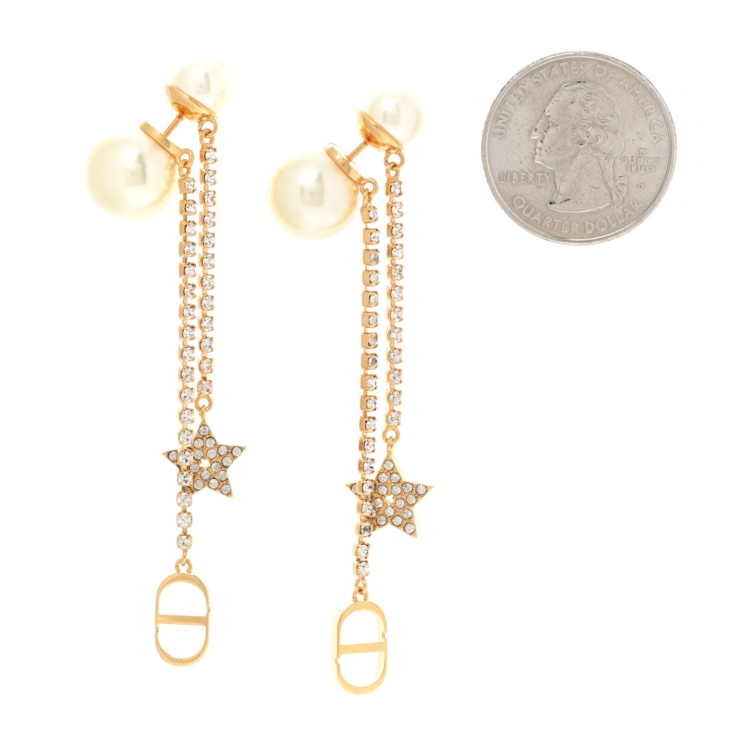 Christian Dior Pearl Crystal Star Tribale Dangle Chain Earrings Gold 2 of 5