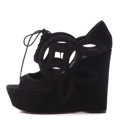 Louis Vuitton Suede Cutout Wedge Sandals 37 Black 1 of 8