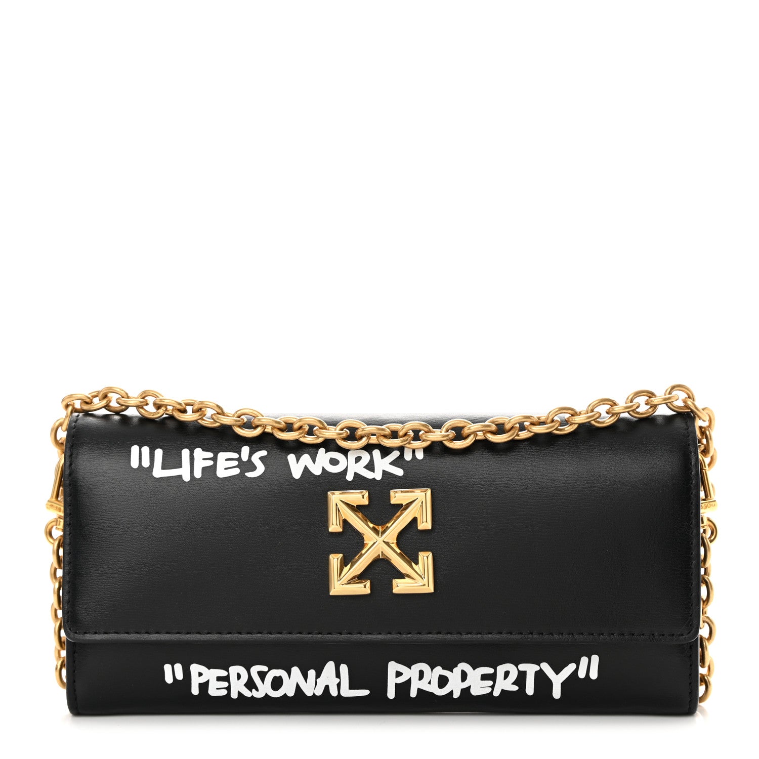 Off-White Calfskin Jitney Quote Flap Wallet On Chain Black 1 of 11