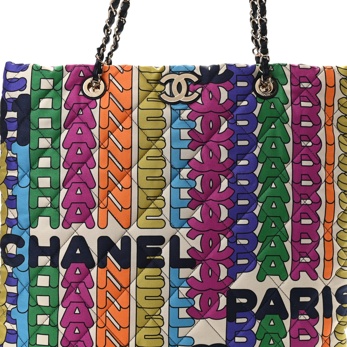 Printed Fabric Quilted Logo Large Shopping Tote Multicolor