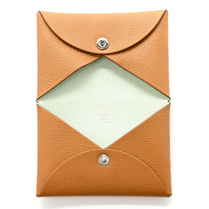 Hermes Chevre Mysore Verso Calvi Card Case Caramel Vert Fizz 5 of 9