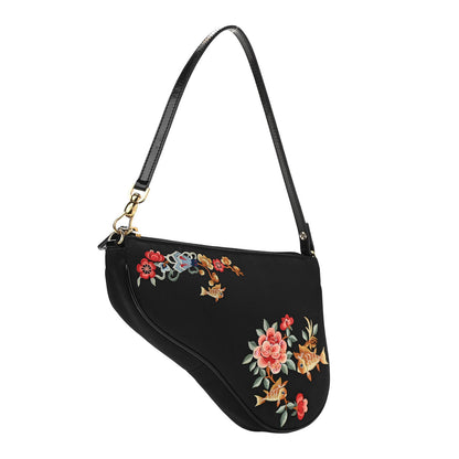 Christian Dior Satin Embroidered Koi Saddle Bag Black 2 of 9