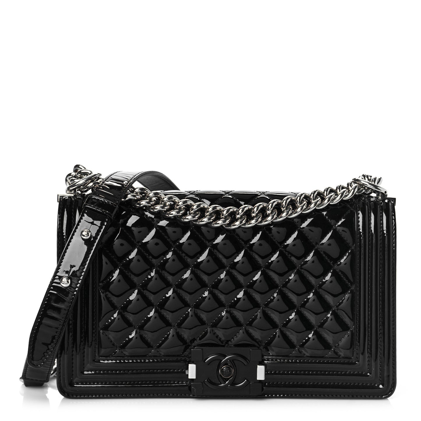 Patent Calfskin Quilted Medium Plexiglass Boy Flap Black