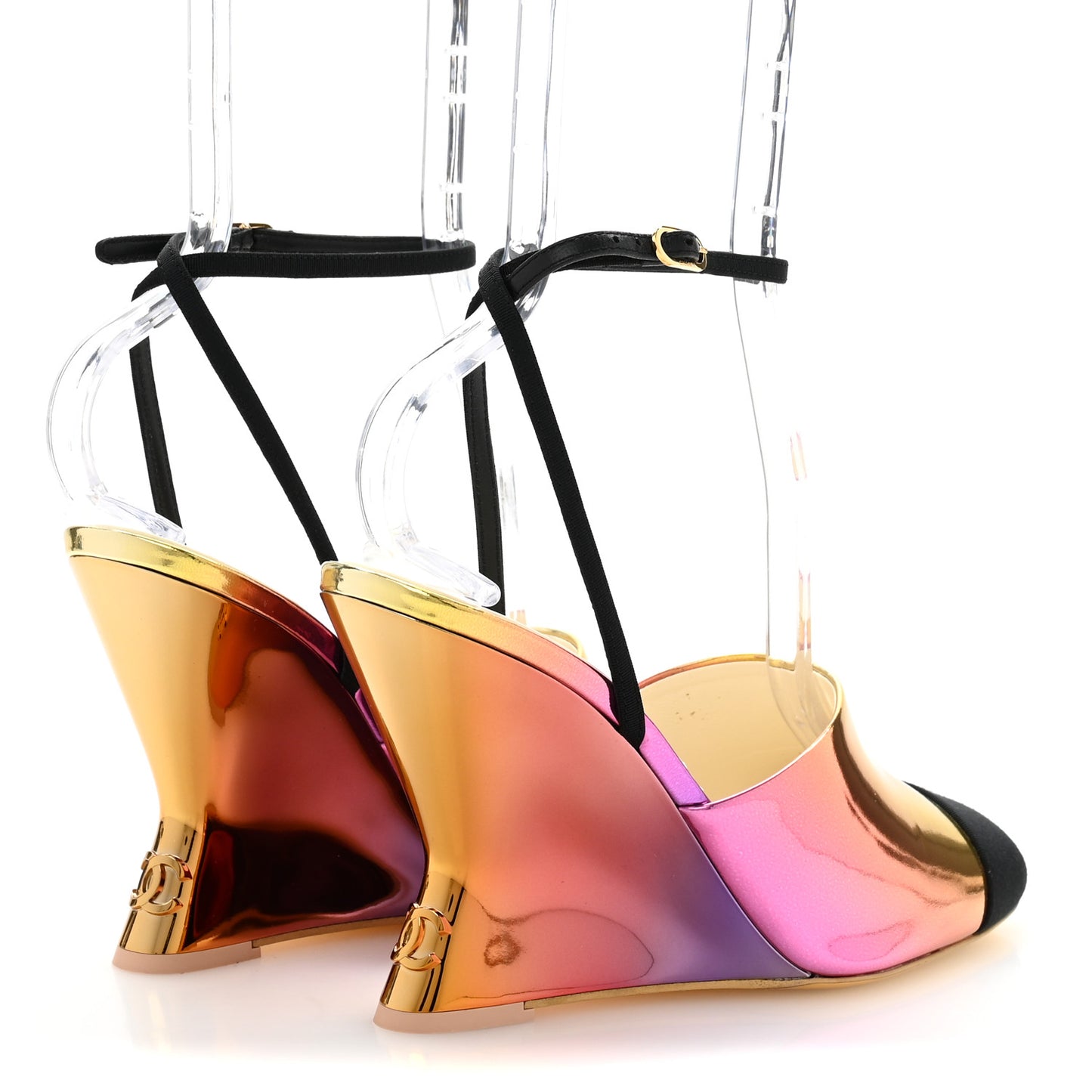 Laminated Calfskin Grosgrain Cap Toe CC Wedge Pumps 38 Pink Orange Yellow Black