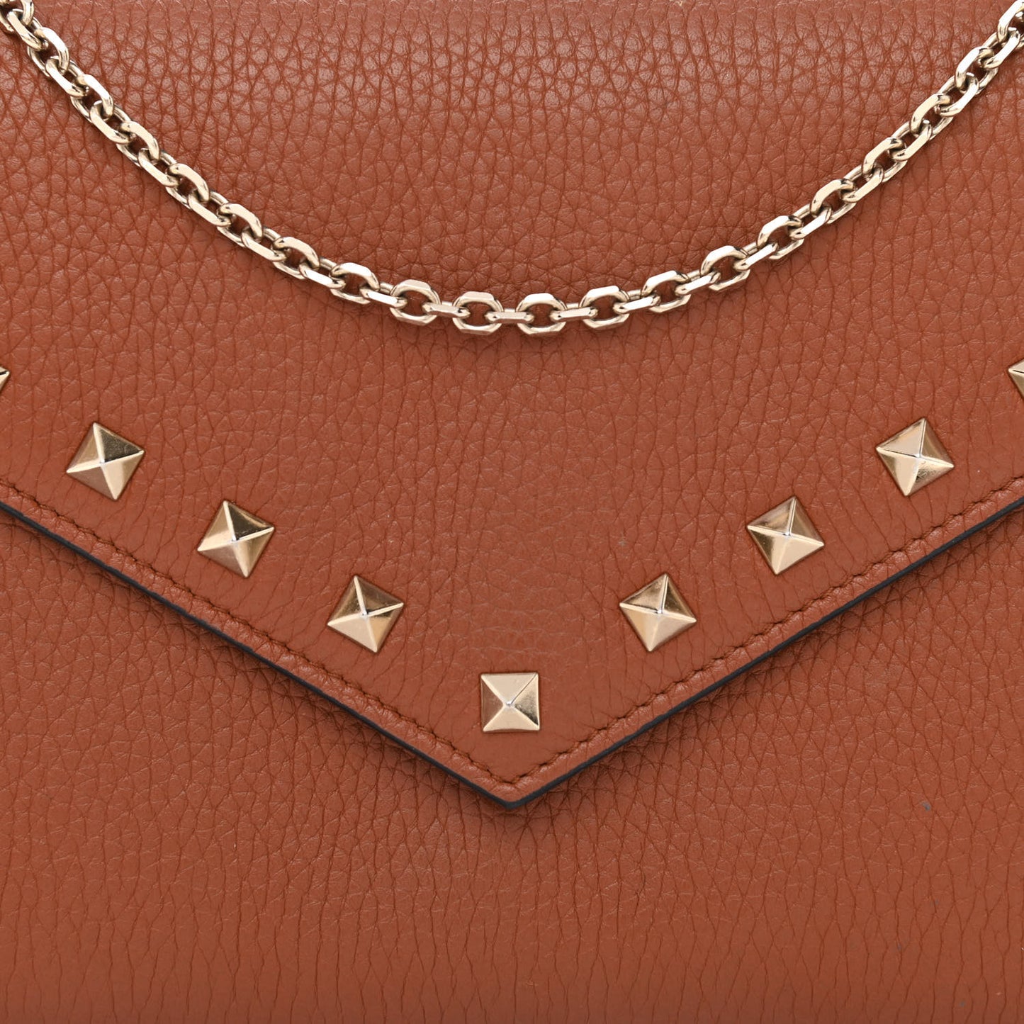 Pebbled Calfskin Rockstud Envelope Wallet on Chain Bright Cognac