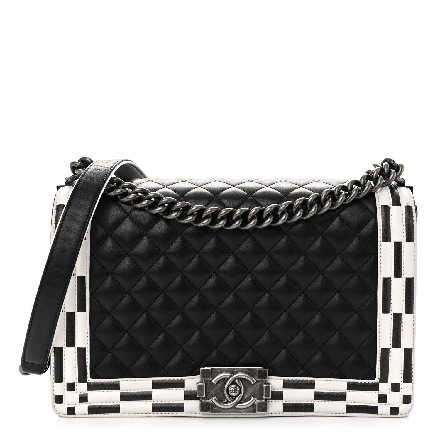 Chanel Calfskin Quilted Checkerboard Trim New Medium Boy Flap Black White 1 of 11