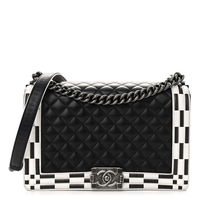 Chanel Calfskin Quilted Checkerboard Trim New Medium Boy Flap Black White 1 of 11