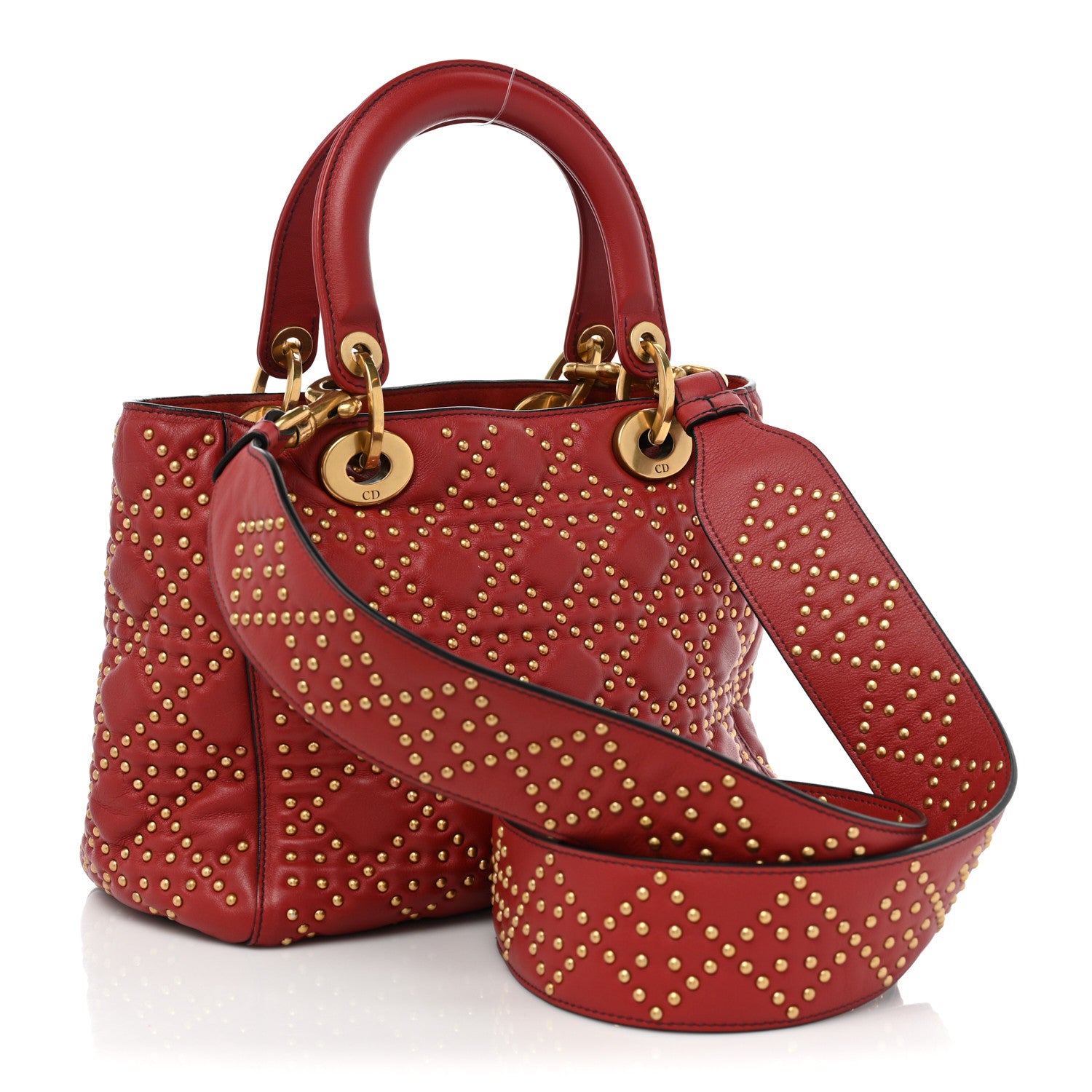 Christian Dior Calfskin Cannage Studded Medium Supple Lady Dior Red 3 of 15
