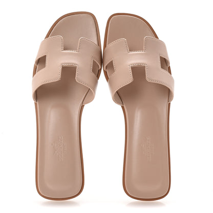 Hermes Box Calfskin Oran Sandals 37.5 Rose Pale 2 of 10