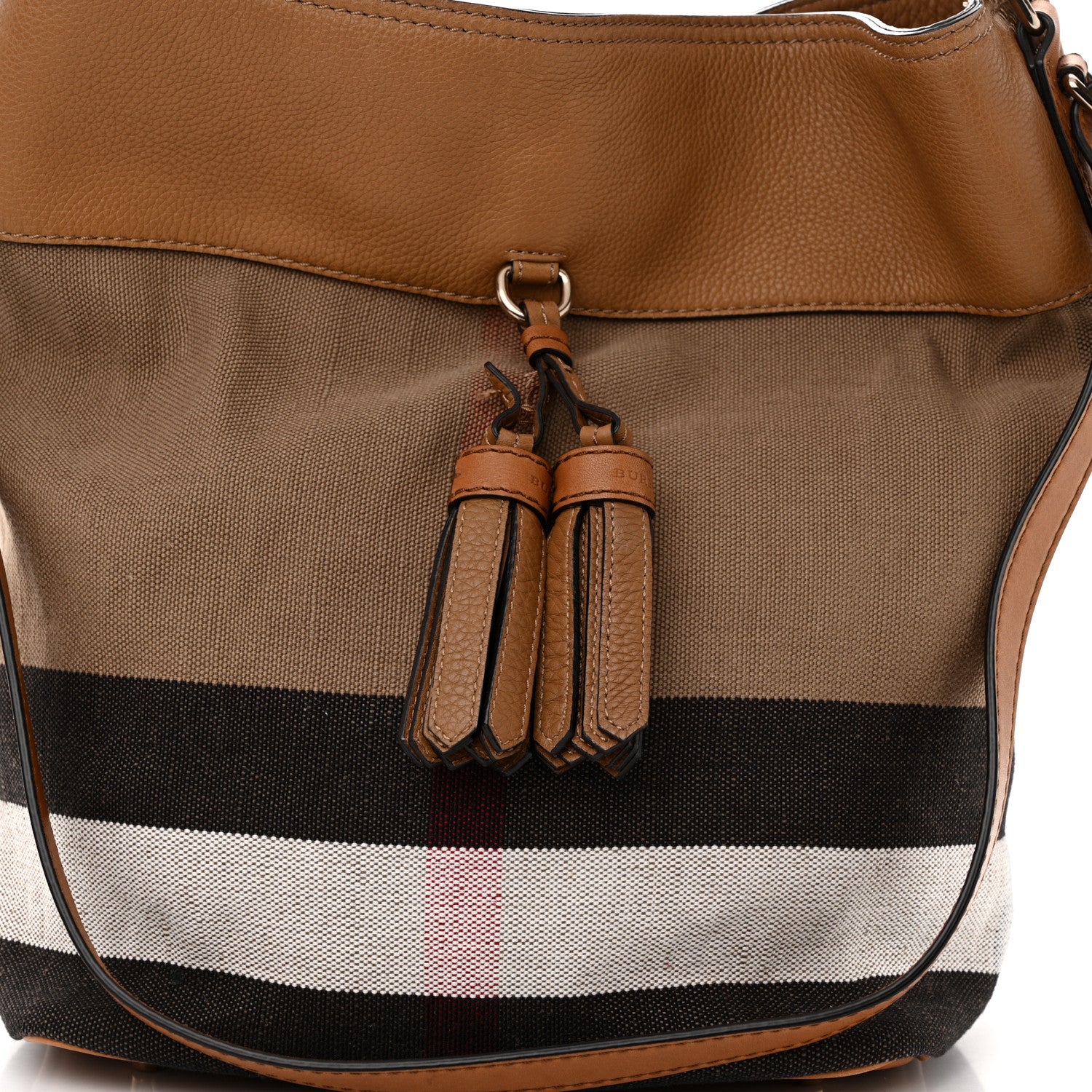 Burberry Grainy Calfskin Canvas Mega Check Medium Ashby Tassel Hobo Saddle Brown 8 of 12