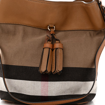 Burberry Grainy Calfskin Canvas Mega Check Medium Ashby Tassel Hobo Saddle Brown 8 of 12
