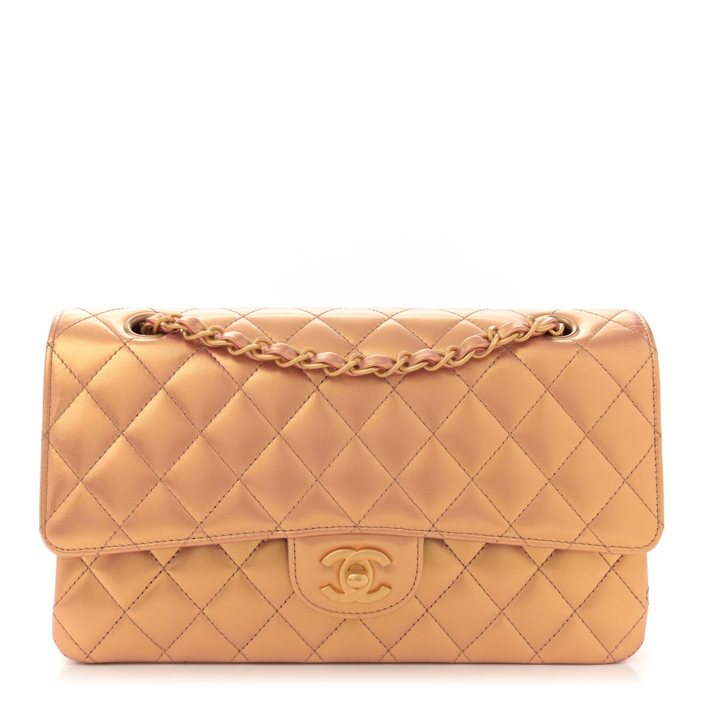 Metallic Lambskin Quilted Medium Double Flap Golden