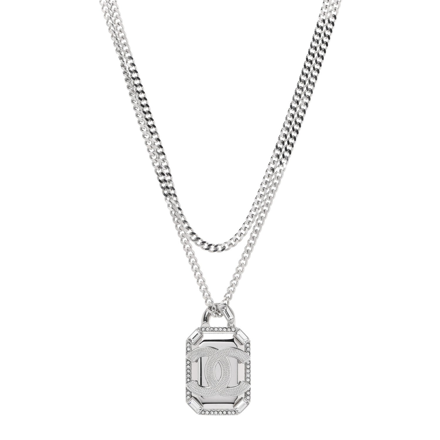 Chanel Crystal Baguette CC Mirror Pendant Necklace Silver 1 of 6