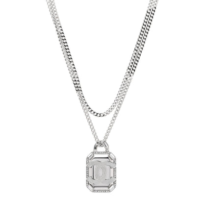 Chanel Crystal Baguette CC Mirror Pendant Necklace Silver 1 of 6