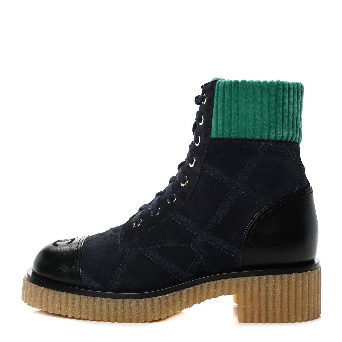 Suede Calfskin Velvet Quilted CC Combat Boots 38 Navy Green Black