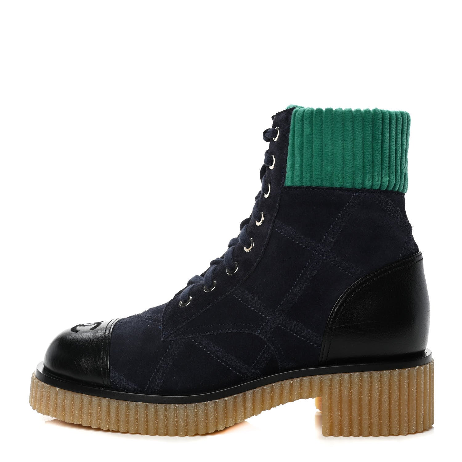 Chanel Suede Calfskin Velvet Quilted CC Combat Boots 38 Navy Green Black 1 of 9