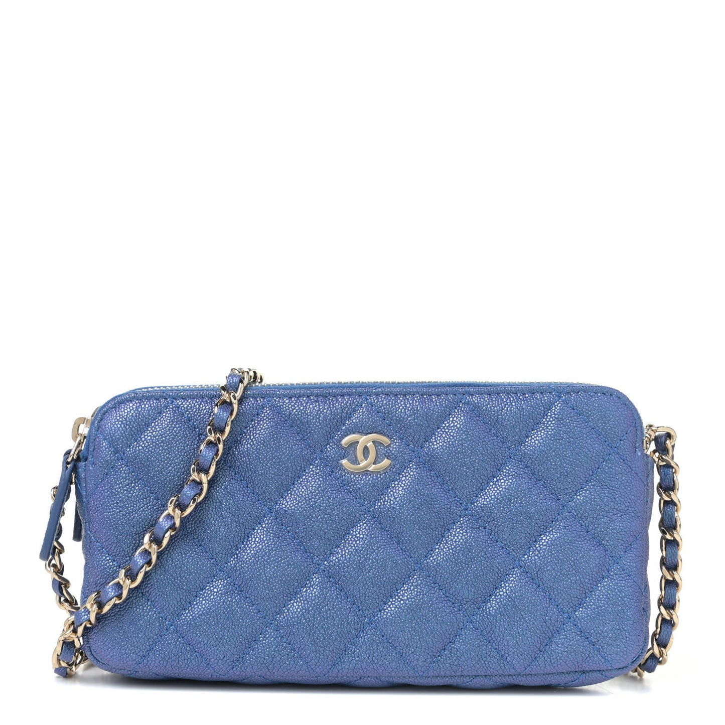 Iridescent Caviar Quilted Clutch With Chain Dark Blue