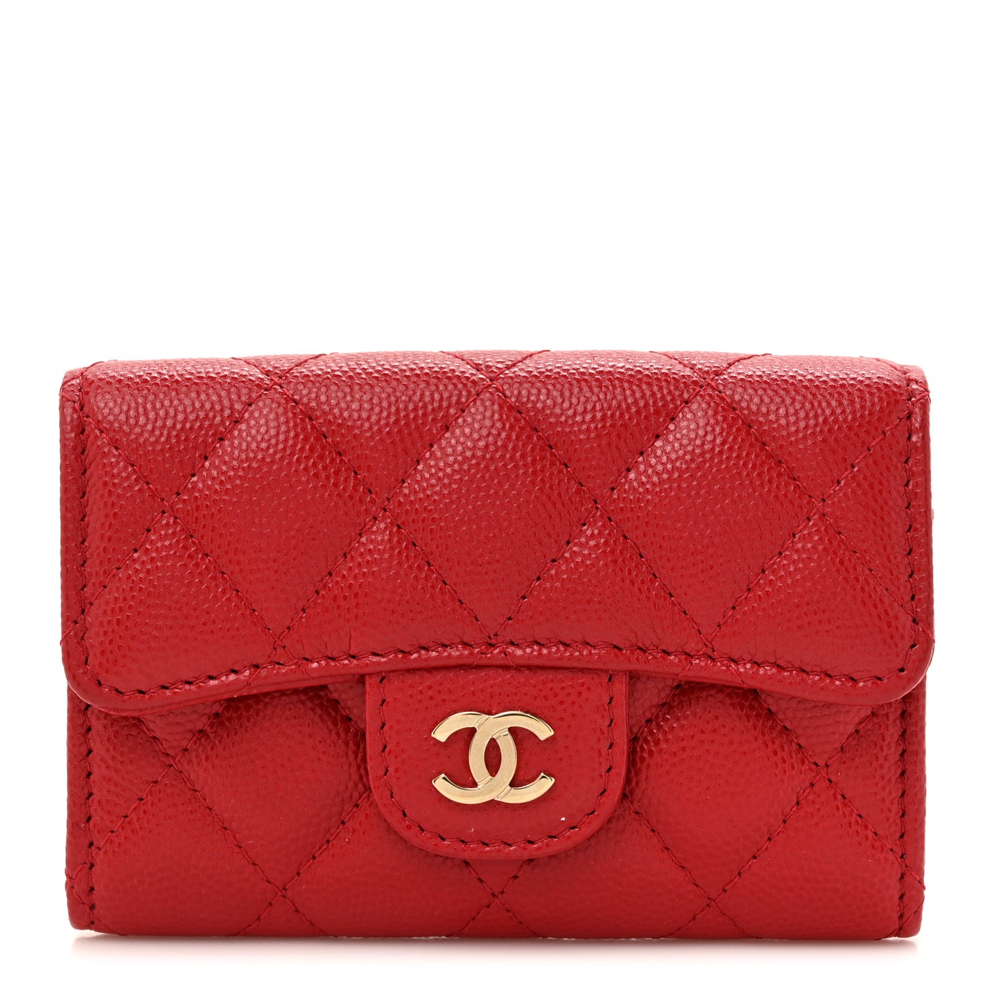 Caviar Quilted Flap Card Holder Wallet Red