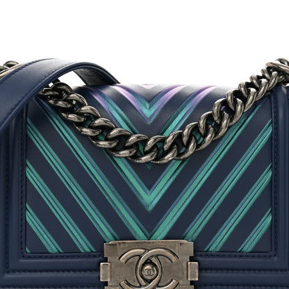 Chanel Calfskin Painted Chevron Embossed Small Boy Flap Dark Blue 8 of 11