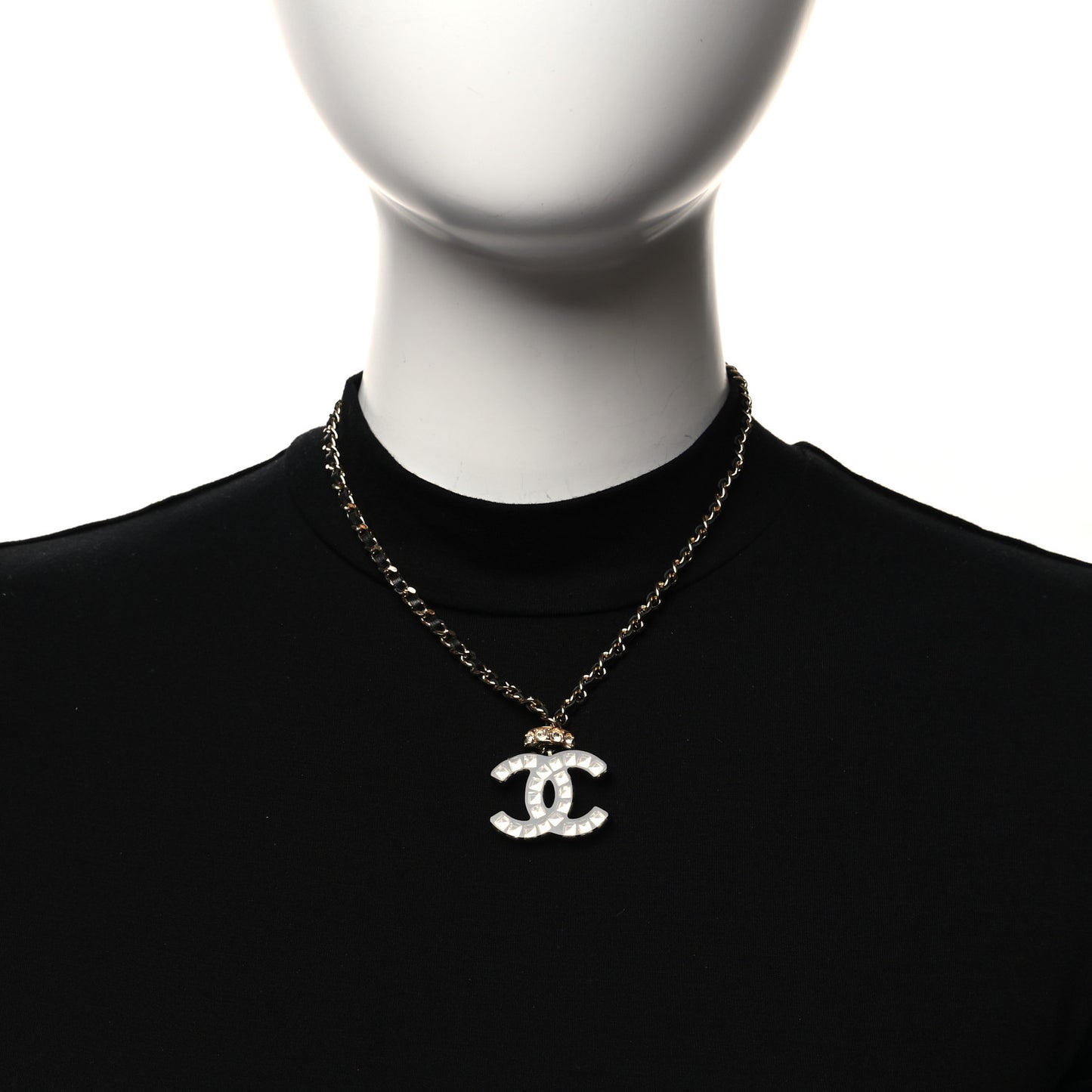 Lambskin Resin Crystal Baguette CC Chain Pendant Necklace Black Gold