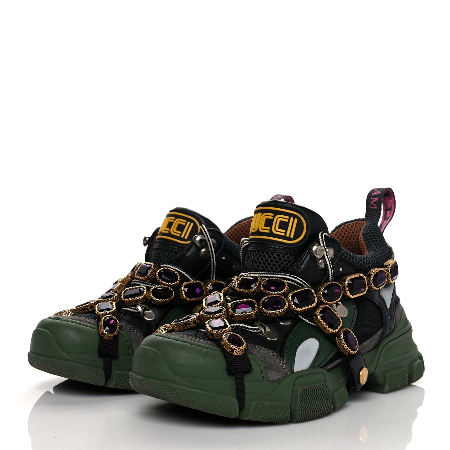X SEGA Mesh Suede Calfskin Removable Crystals Flashtrek Sneakers 36 Loess Black Olive Green