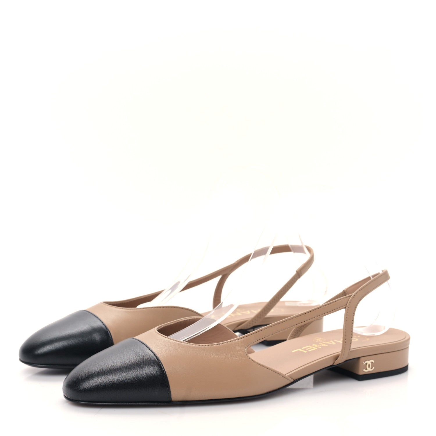 Chanel Lambskin Cap Toe CC Slingback Sandals 39.5 Beige Black 3 of 9