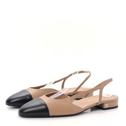Chanel Lambskin Cap Toe CC Slingback Sandals 39.5 Beige Black 3 of 9