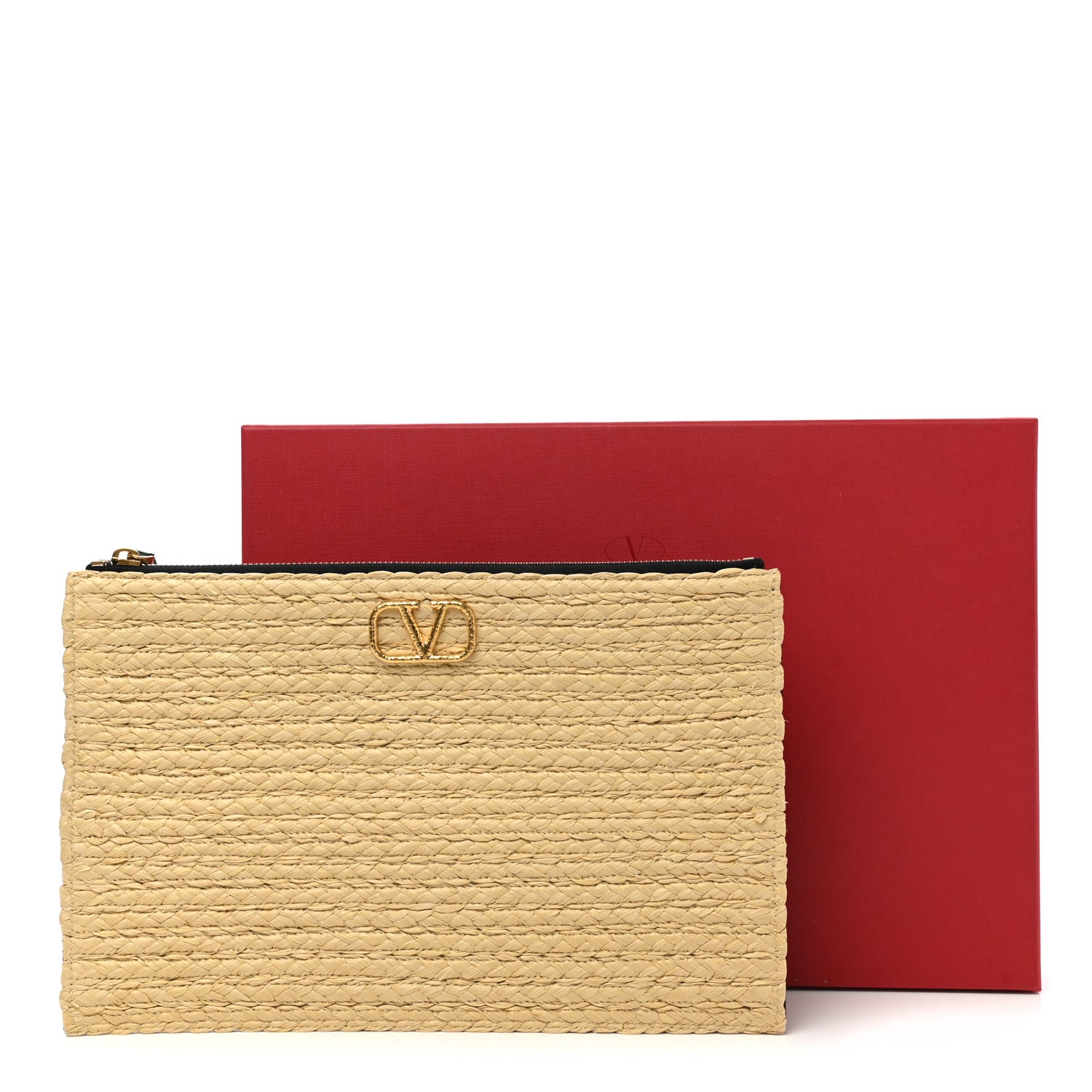 Valentino Garavani Raffia Calfskin Vlogo Zip Pouch Naturale Black 8 of 8