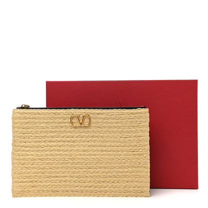 Valentino Garavani Raffia Calfskin Vlogo Zip Pouch Naturale Black 8 of 8