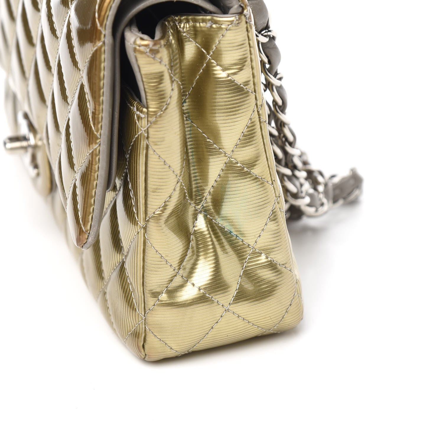 Chanel Striated Patent Quilted Medium Double Flap Gold 14 of 15