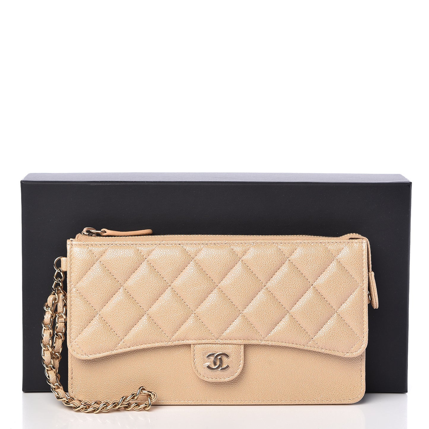 Iridescent Caviar Quilted Classic Pouch With Handle Beige