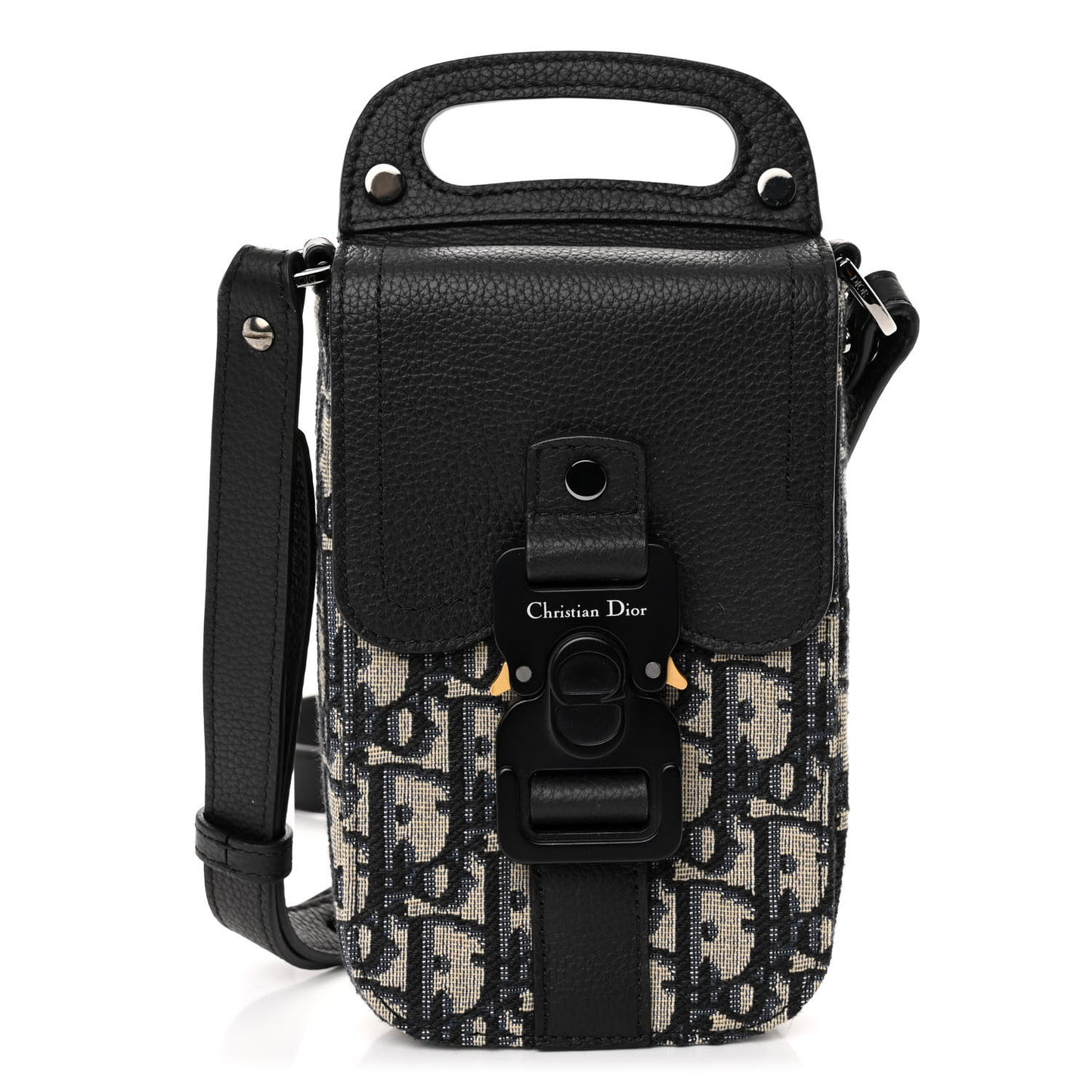 Oblique Grained Calfskin Vertical Saddle Pouch With Strap Beige Black