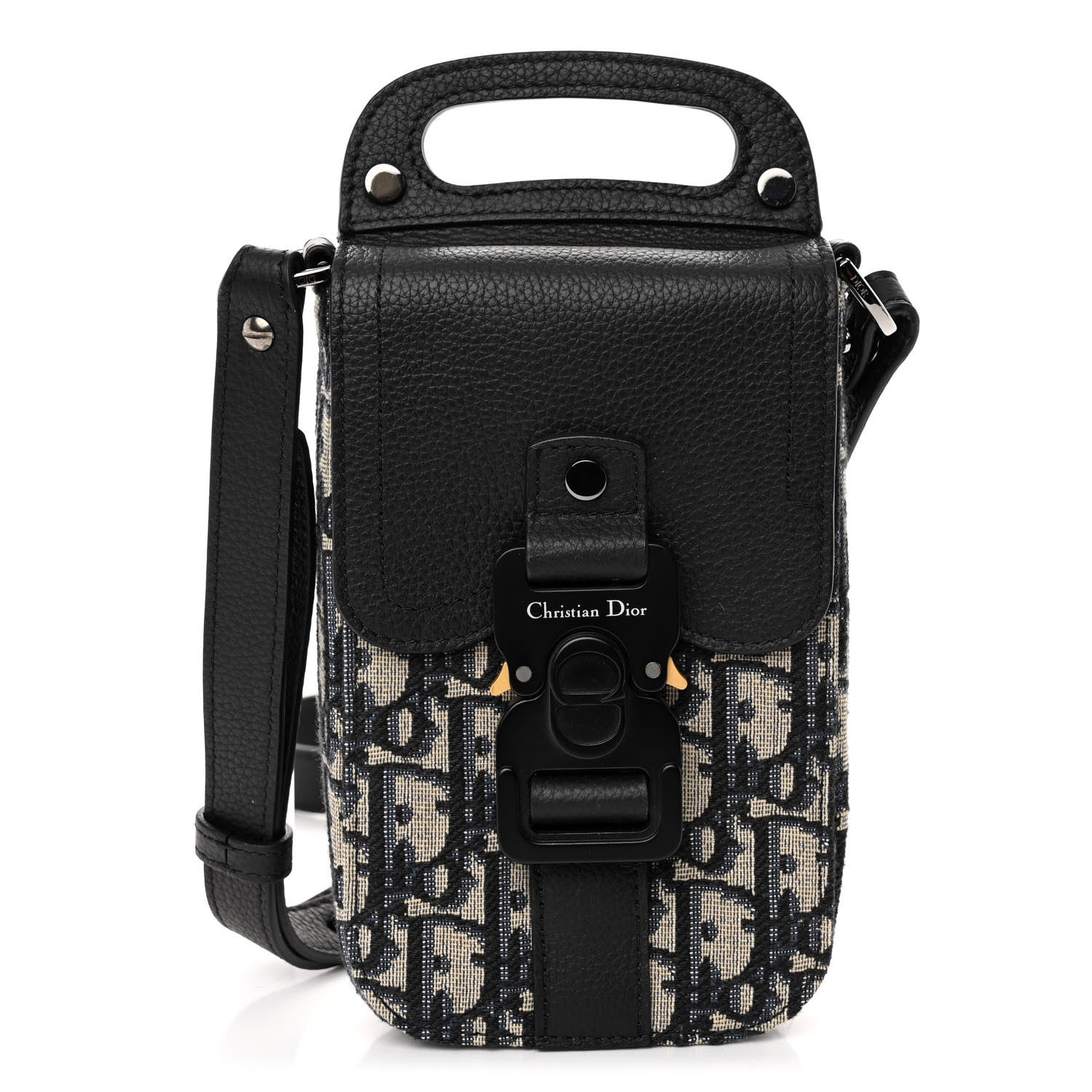 Christian Dior Oblique Grained Calfskin Vertical Saddle Pouch With Strap Beige Black 1 of 11