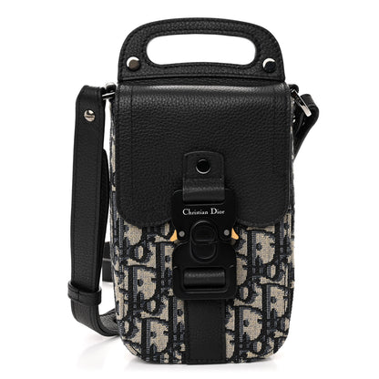 Christian Dior Oblique Grained Calfskin Vertical Saddle Pouch With Strap Beige Black 1 of 11