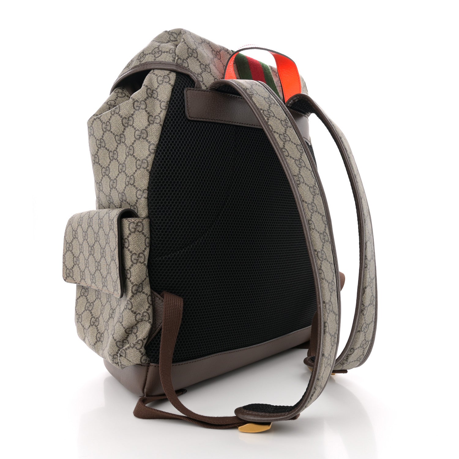 Gucci GG Supreme Monogram Medium Ophidia Double Buckle Backpack Beige Ebony Neon Orange 3 of 10