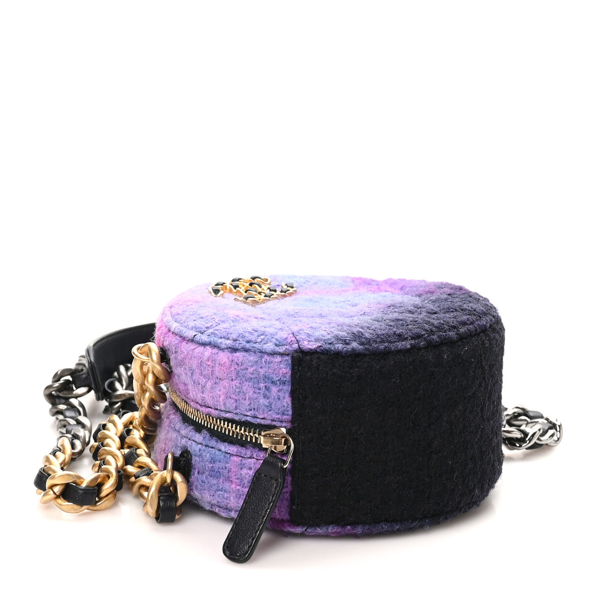 Wool Tweed Chanel 19 Round Clutch With Chain Purple Black Blue