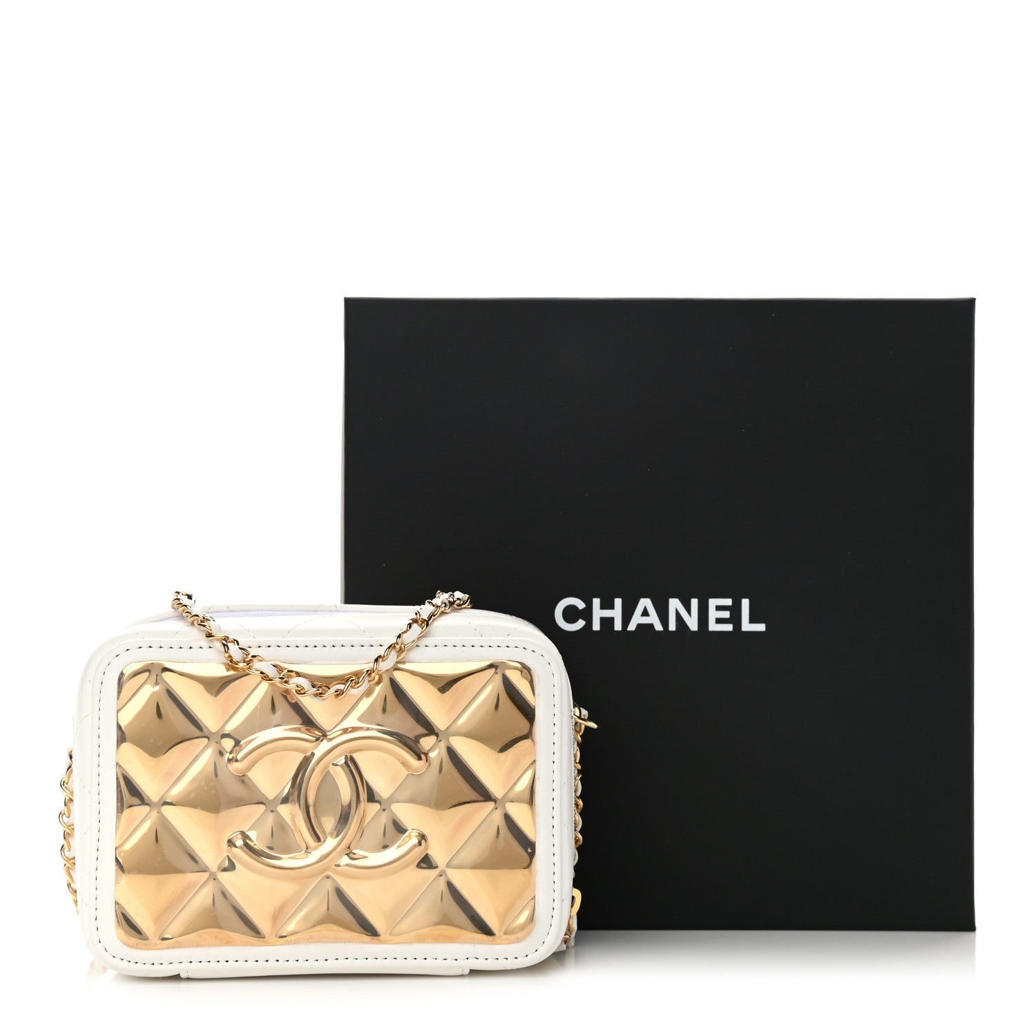 Chanel Lambskin Quilted Golden Plate Clutch With Chain White 10 of 10