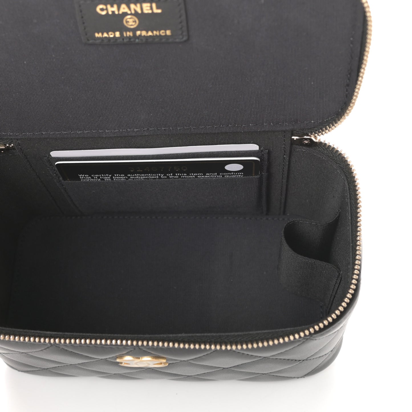 Lambskin Quilted Small Top Handle Vanity Case With Chain Black