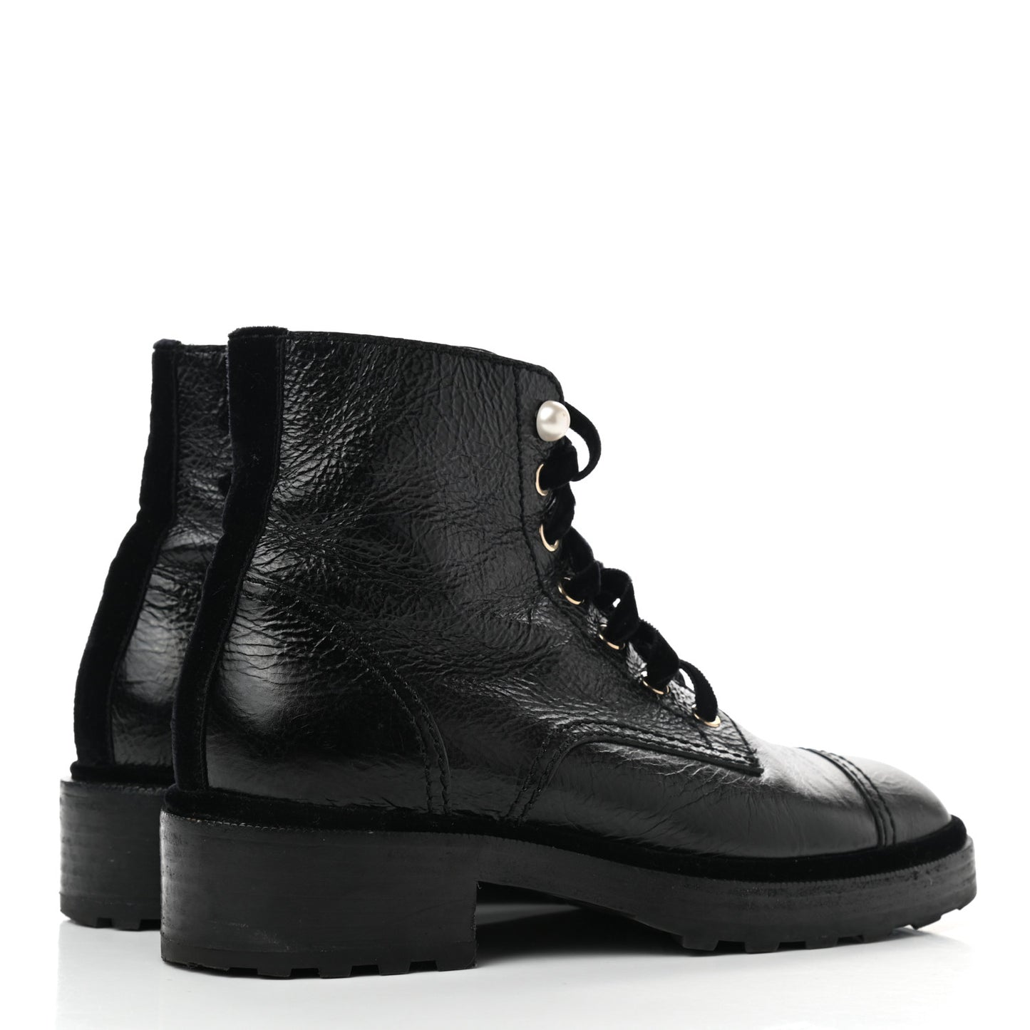 Shiny Calfskin Velvet Pearl Combat Short Boots 38.5 Black