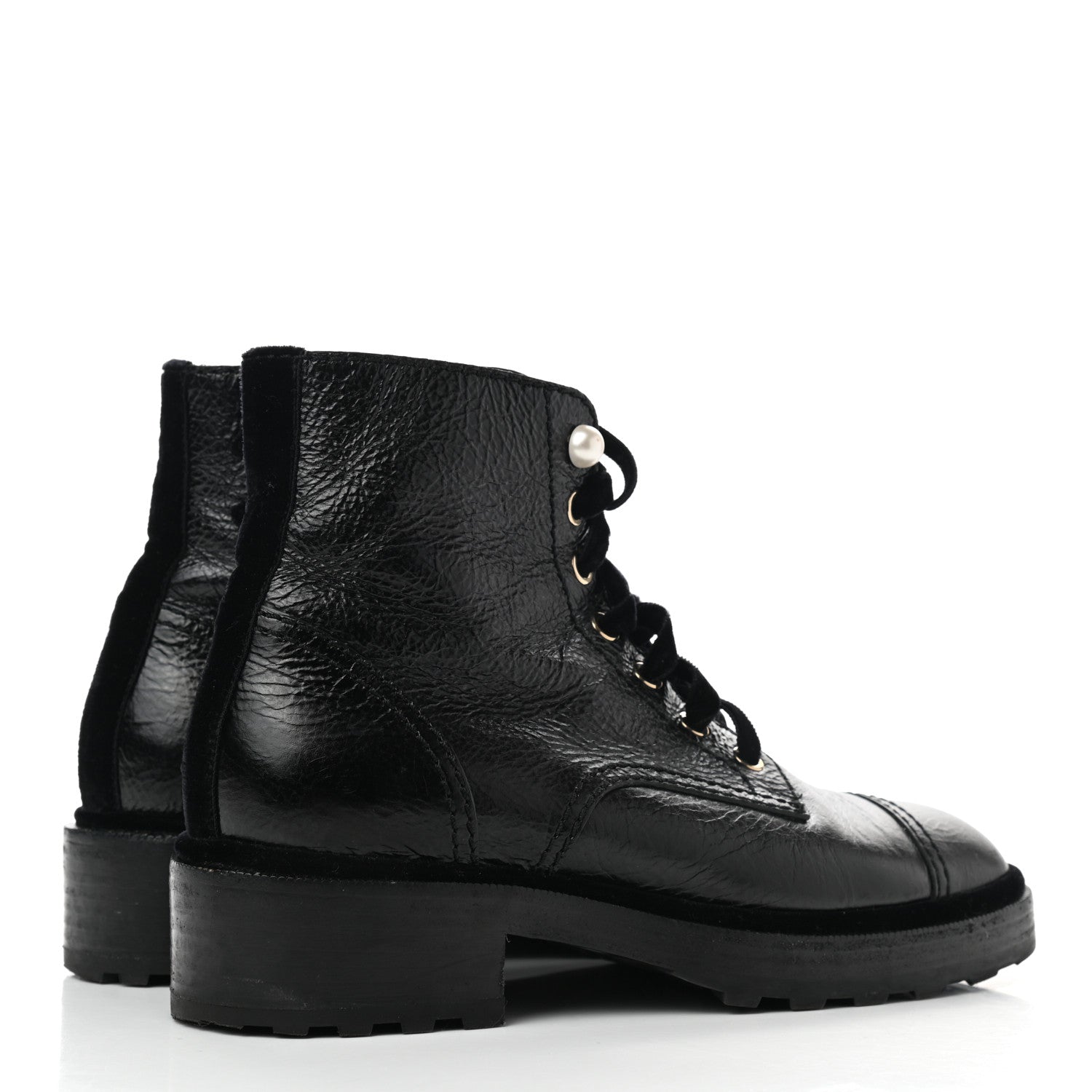 Chanel Shiny Calfskin Velvet Pearl Combat Short Boots 38.5 Black 4 of 9