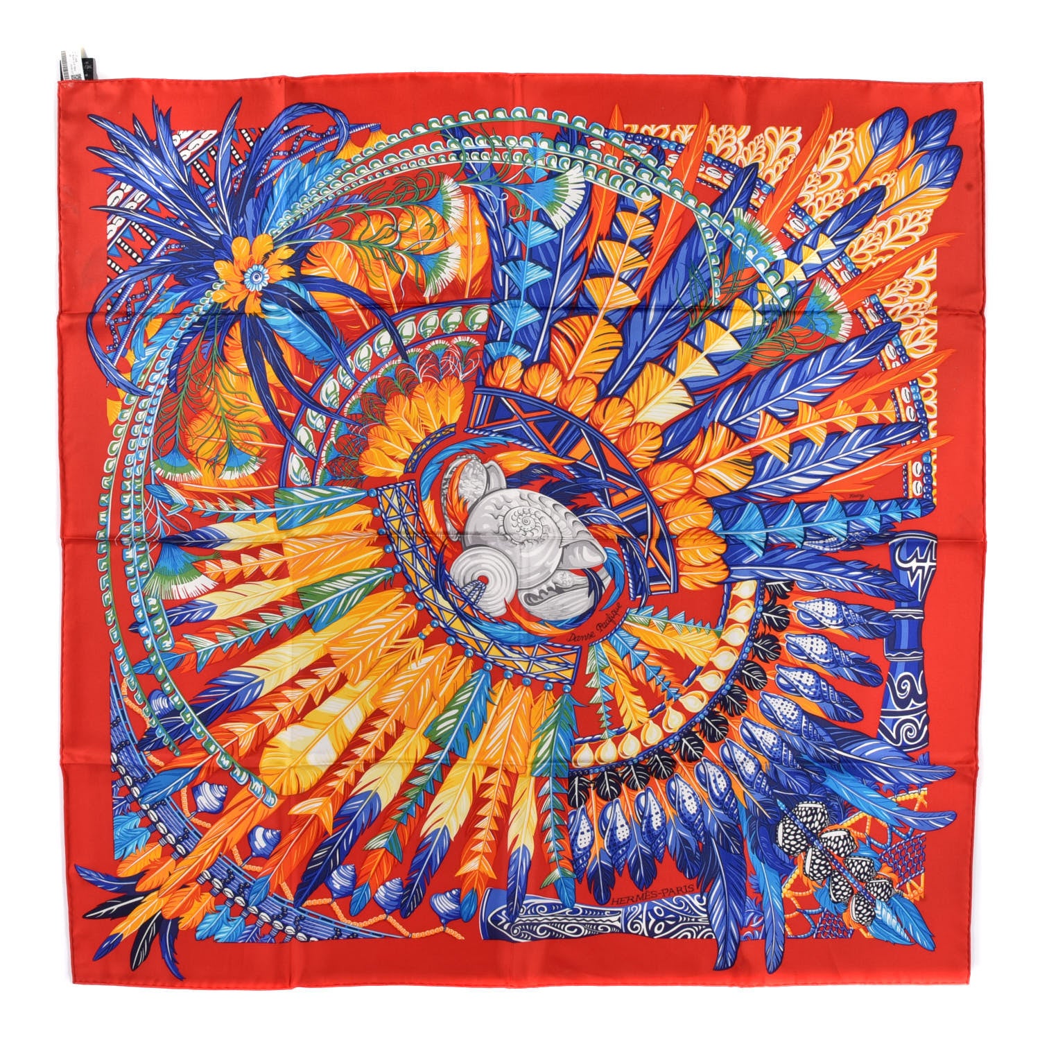 Hermes Silk La Danse Pacifique Scarf 90 Rouge Bleu Vif Bouton D'O 1 of 5