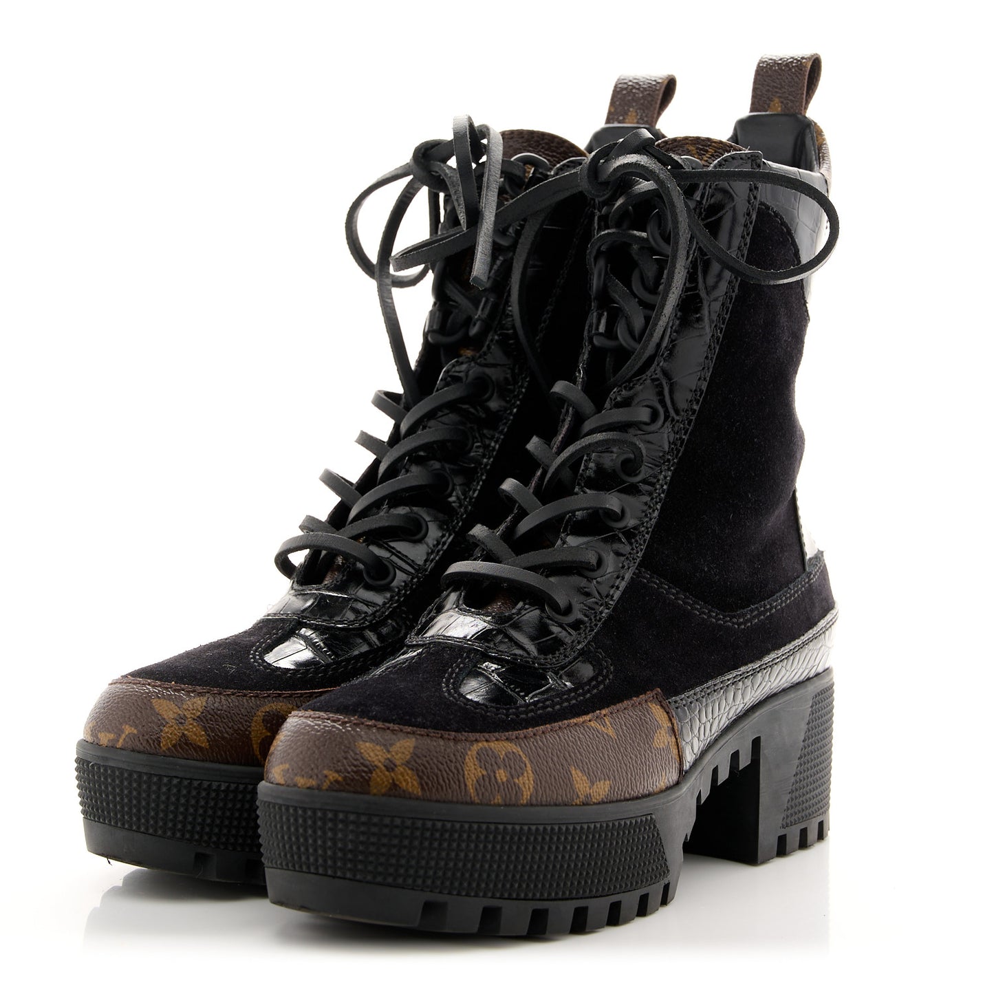 Suede Calfskin Crocodile Embossed Patent Monogram Laureate Platform Desert Boots 35 Black