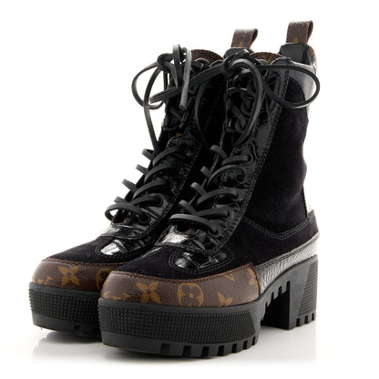 Louis Vuitton Suede Calfskin Crocodile Embossed Patent Monogram Laureate Platform Desert Boots 35 Black 5 of 10