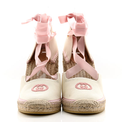 Gucci Canvas Grossgrain Embroidered Judit Ankle Wrap Platform 35/120mm Espadrille Wedges 39 White Shell 2 of 10