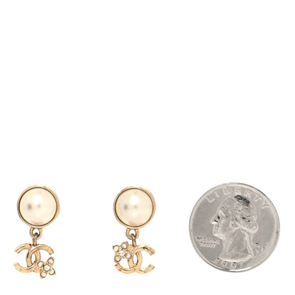 Chanel Pearl Crystal CC Flower Drop Earrings Gold Pearly White 2 of 5