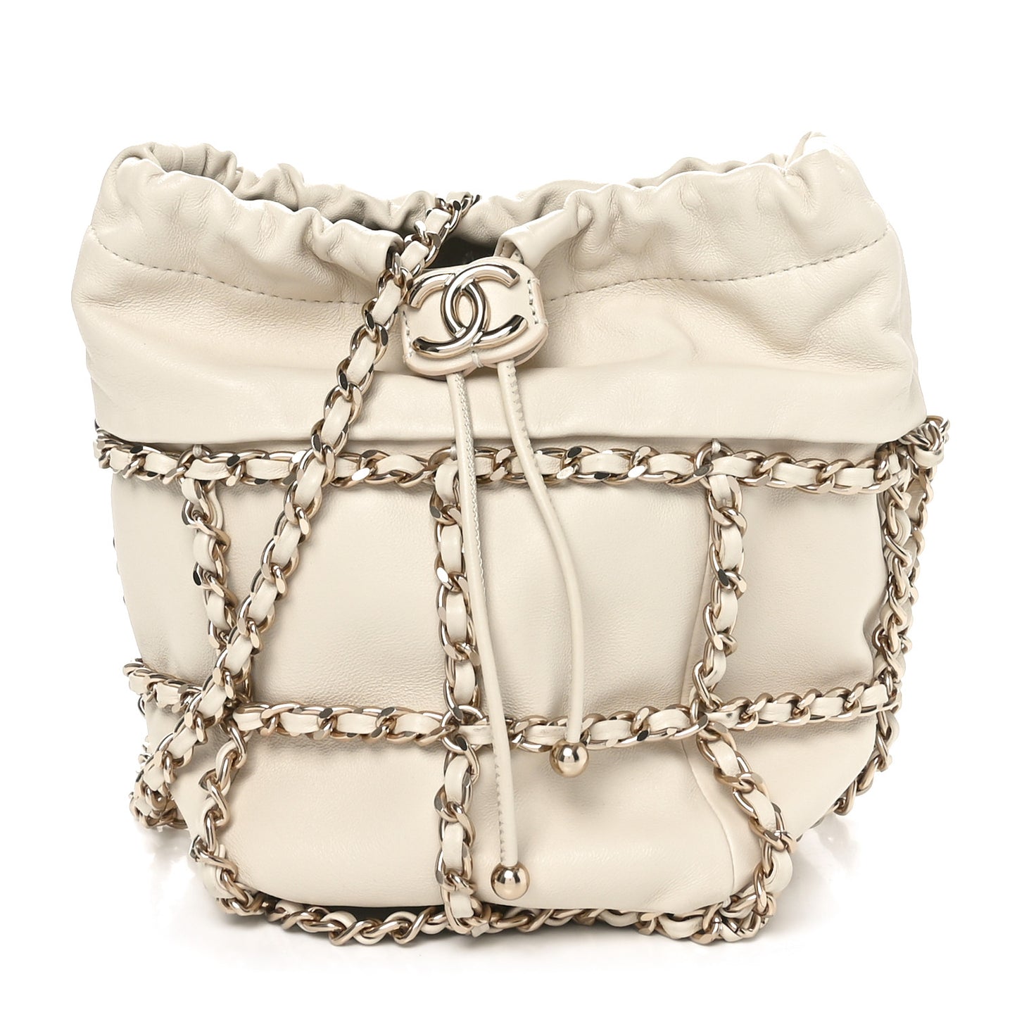 Lambskin Bucket Chain Drawstring Bag Beige