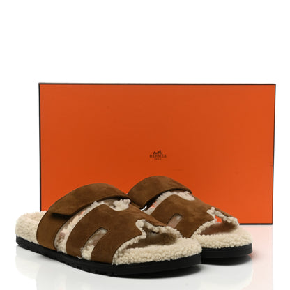 Hermes Suede Goatskin Woolskin Womens Chypre Sandals 40 Brun Fume Ecru 8 of 8