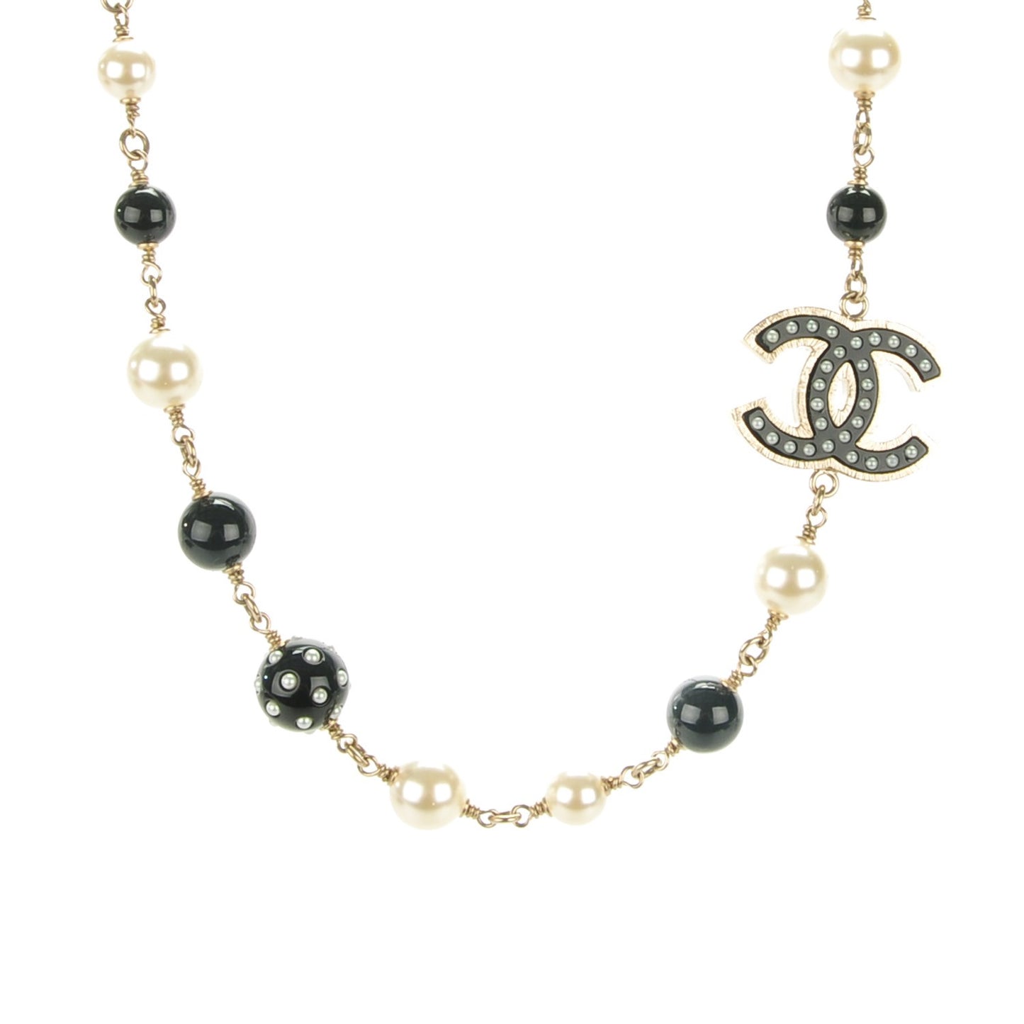 Pearl Beaded CC Short Necklace Gold Black