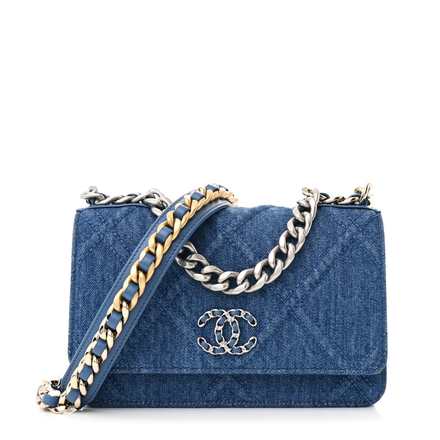 Denim Quilted Chanel 19 Wallet On Chain WOC Blue