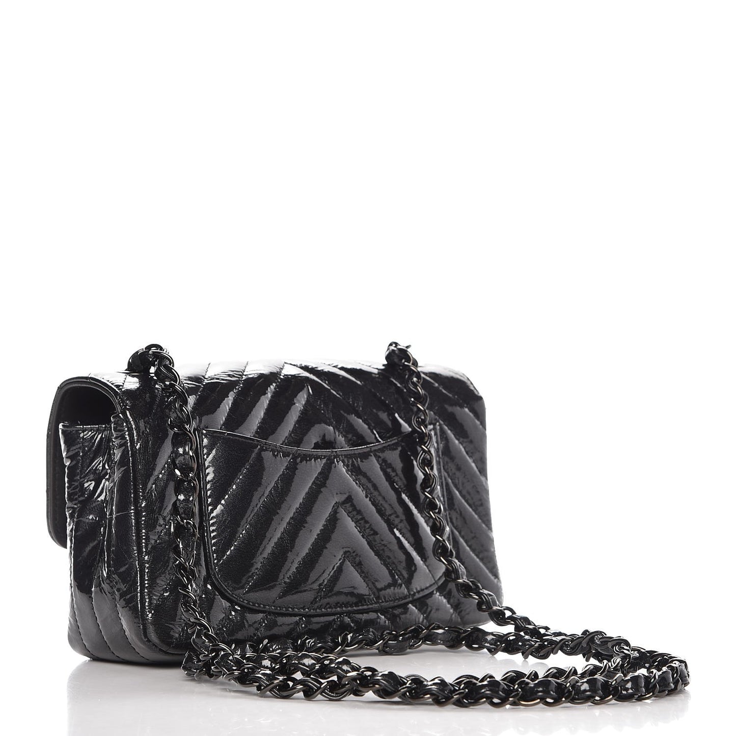 Patent Metallic Crumpled Calfskin Chevron Quilted Mini Rectangular Flap So Black